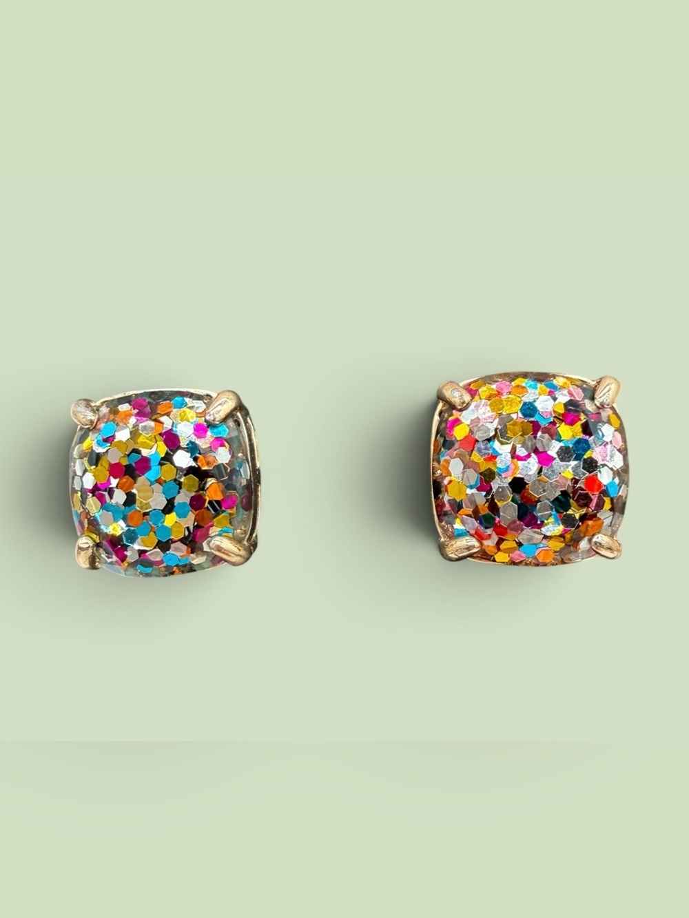 Multicolor Glitter Large Square Stud Earrings - Women's Fashion Jewelry - Picture 3 of 6